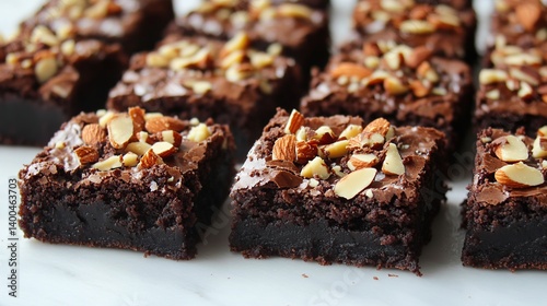 Obraz na płótnie Gooey brownies with an almond topping, perfect for indulging in chocolate goodness w salonie
