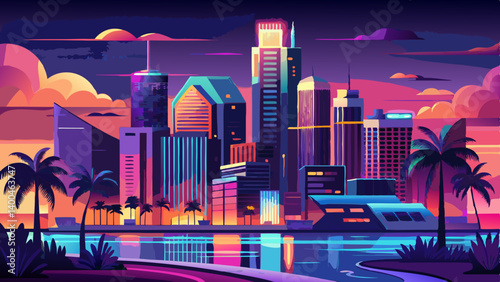 Cityscape of downtown Miami with sunset glow. Tropical paradise in South Beach. Midnight city lights in Miami. Waterfront view of Miami skyline. Aerial shot of Miami at sunrise. Neon Art Deco. 
