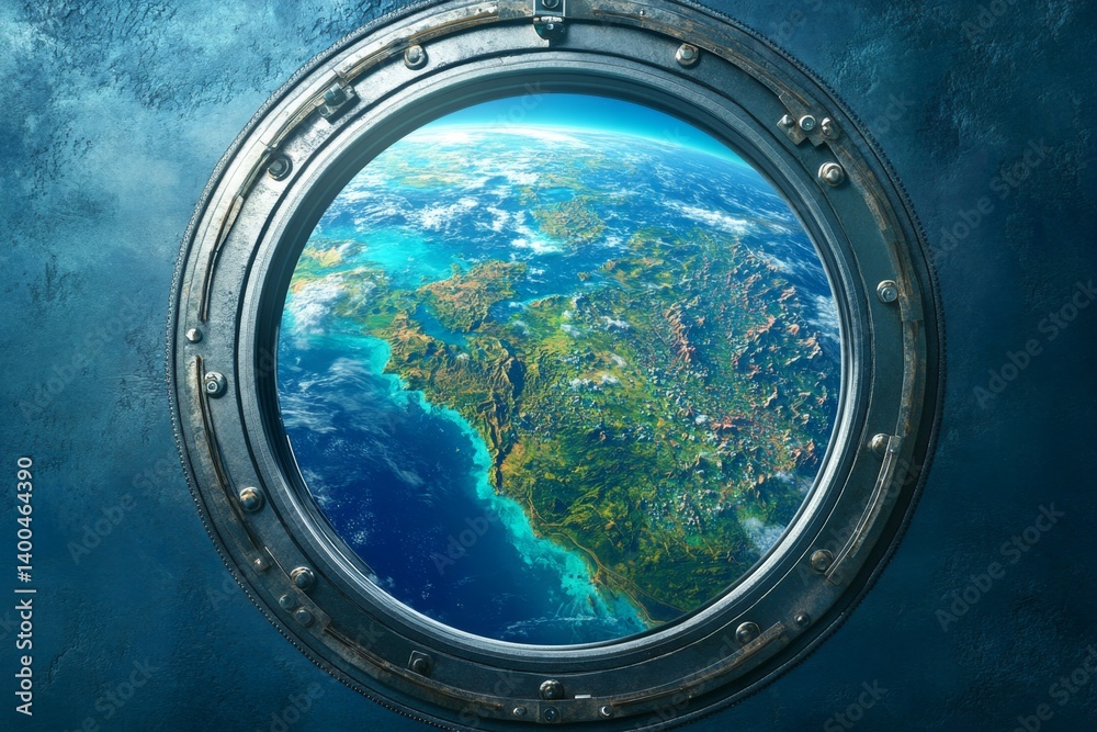 Earth seen through a spaceship porthole, showing detailed landscape Earth seen through a spaceship porthole, showing detailed landscape