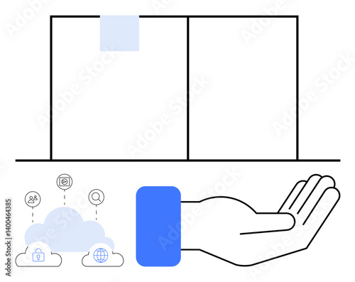 Open palm supporting digitized cloud elements with security, connections, and search icons below a document sign. Ideal for data sharing, file management, cloud storage, service support, digital