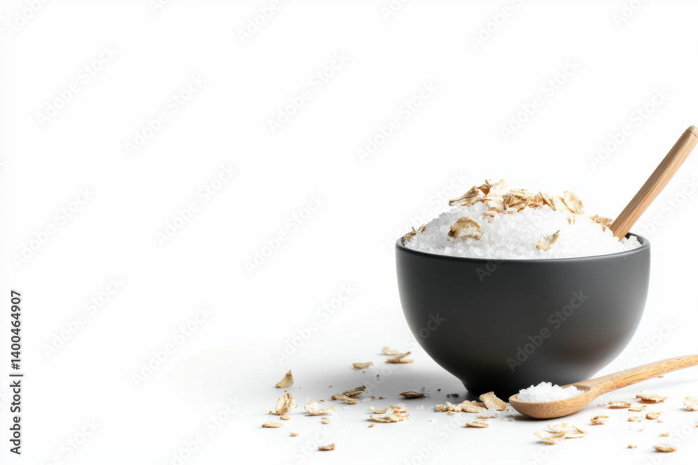 Cooking ingredients isolated bowl of sea salt flakes with spoon minimalist kitchen setting high-quality image for culinary and food photography