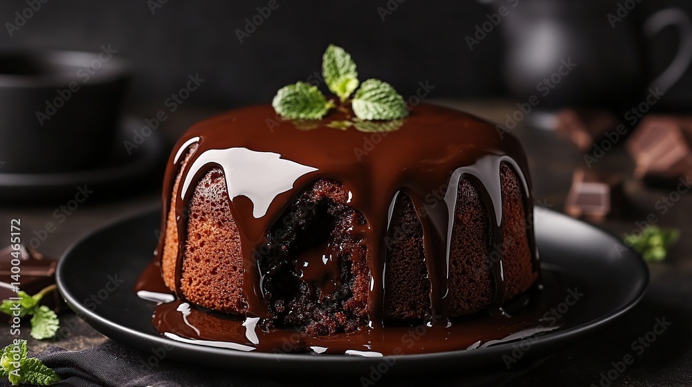 Chocolate lava cake with molten chocolate center, soft cake surrounding a gooey molten center