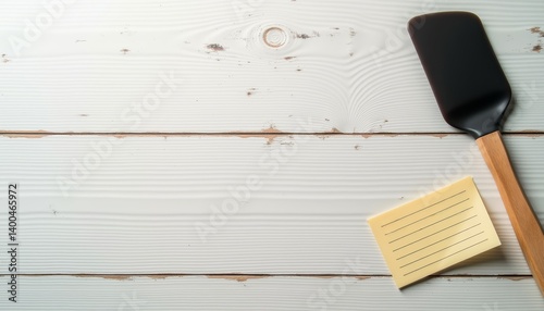 Silicone spatula on light wooden background with note pad  