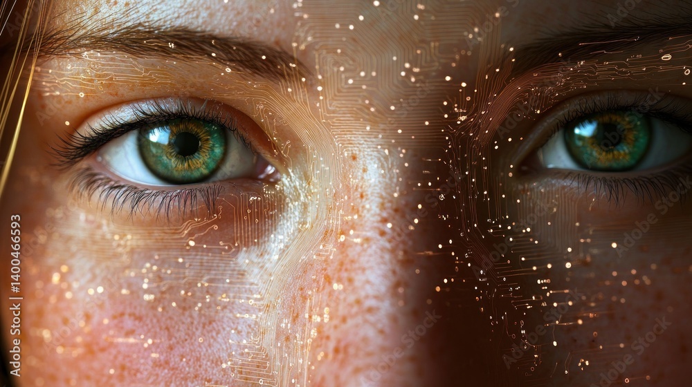 Close-up of a woman's face with freckles and sparkling light effects around her eyes. Close-up of a woman's face with freckles and sparkling light effects around her eyes.