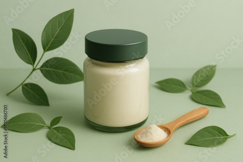 Natural Skincare Product Displayed With Green Leaves and a Wooden Spoon for H...