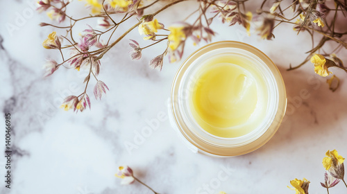  Natural balm in elegant glass jar surrounded by delicate dried flowers on marble background. Copy space.
