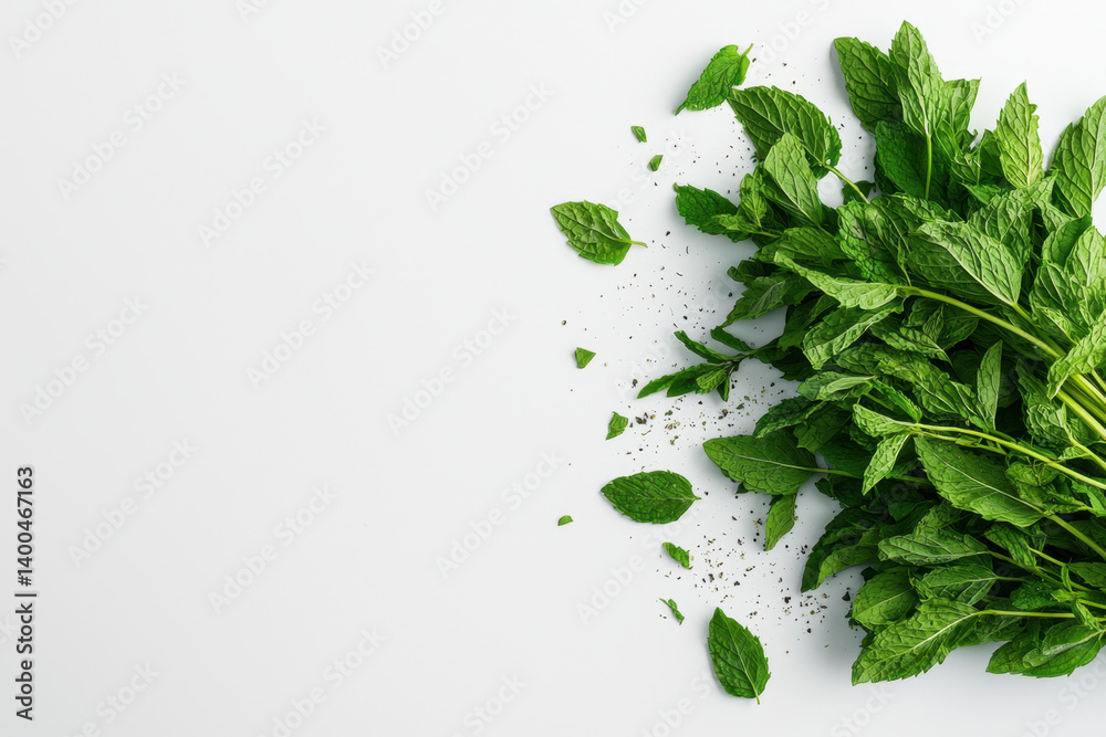 Fresh mint leaves isolated on white background culinary ingredients herbaceous content clean environment top-down view natural concept for cooking and garnishing