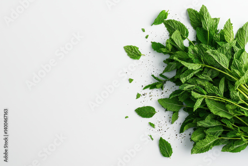 Obraz na płótnie Fresh mint leaves isolated on white background culinary ingredients herbaceous content clean environment top-down view natural concept for cooking and garnishing w salonie