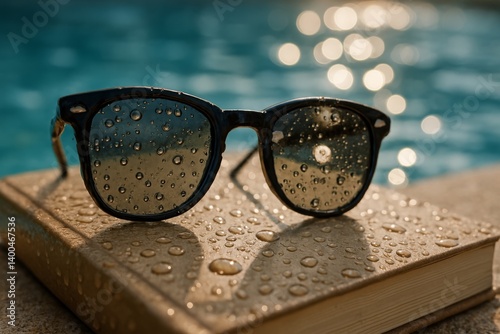 Reflections of a Sunny Day With Sunglasses on a Wet Book Near a Sparkling Pool