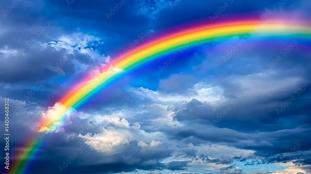 Rainbow in post-storm weather concept. A vibrant rainbow arcs across a blue sky filled with fluffy clouds, displaying a spectrum of colors amidst the serene backdrop Rainbow in post-storm weather concept. A vibrant rainbow arcs across a blue sky filled with fluffy clouds, displaying a spectrum of colors amidst the serene backdrop