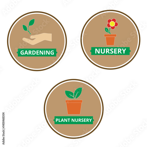Colored plants nursery signs with drawings of hand, leaf, flower and a pot on a white background