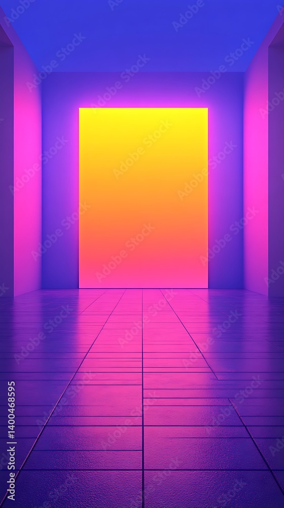 Neon Corridor; vibrant, empty hallway with bright yellow-orange light-strip; use for product showcase, design inspiration