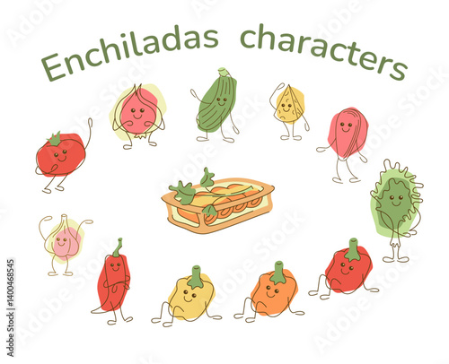Set with enchiladas and cute characters as filling ingredients. Hand drawn clipart illustration for your projects.
