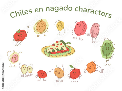 Set with chilis en nagado and cute characters. Hand drawn clipart illustration for your projects.