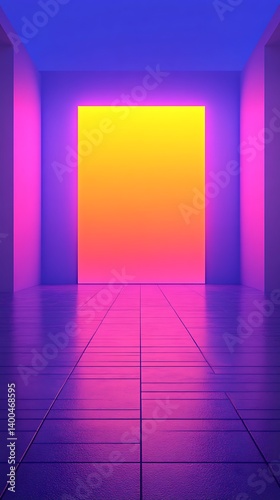 Obraz na płótnie Neon Corridor; vibrant, empty hallway with bright yellow-orange light-strip; use for product showcase, design inspiration w salonie