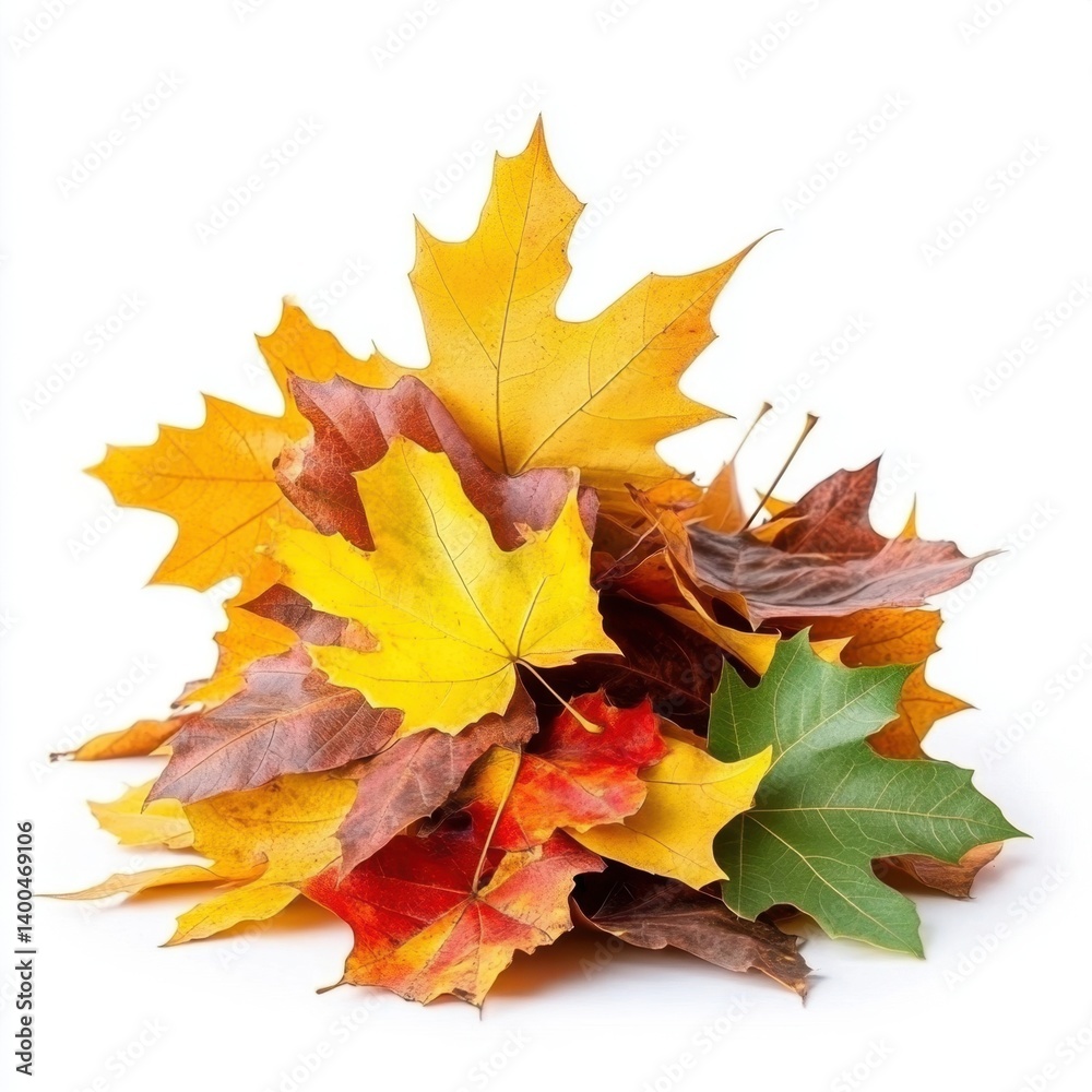 Vibrant autumn maple leaves in a colorful pile on a clean white background showcasing seasonal beauty and natural transition Vibrant autumn maple leaves in a colorful pile on a clean white background showcasing seasonal beauty and natural transition