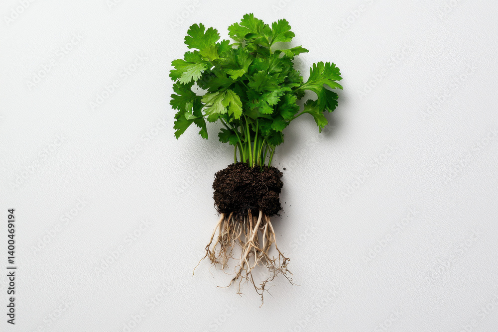 Fototapeta premium Isolated fresh bunch of cilantro with roots attached culinary ingredients food photography clean environment top-down view freshness concept