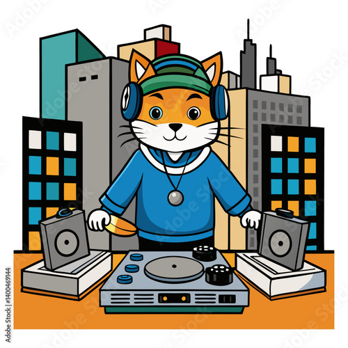DJ cat with headphones and turntables