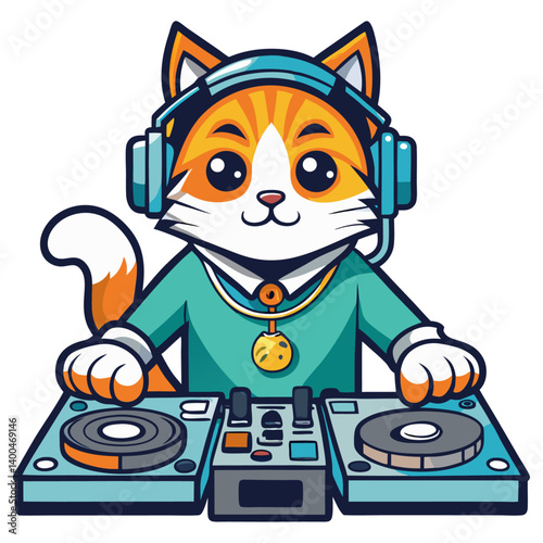 DJ cat with headphones and turntables, urban vector style