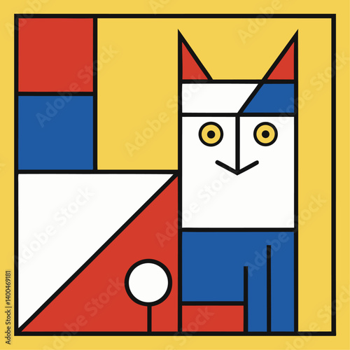 Minimalist Bauhaus-style cat using geometric shapes and primary colors