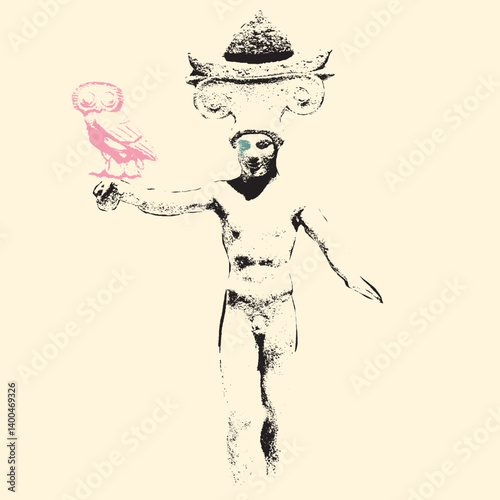 Collage mit antiker Statue und Eule. Vektorillustration.