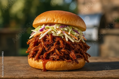 Pulled Pork Sandwich Topped With Creamy Coleslaw Served Outdoors in the After...