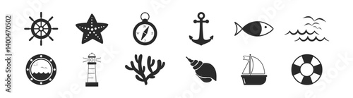 Marine outline icon set. Collection icons of sea, fish, marine vehicles, waves, editable and resizable