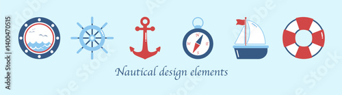 Marine icon set. Sea and nautical design elements, banner marine design with sailing boat shell and anchor. Vector set.