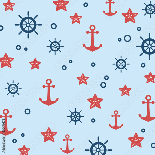 Nautical maritime sea ocean repeat wallpaper. Yacht boat anchor and steering wheel, vessel helm vector seamless pattern marine graphic design.