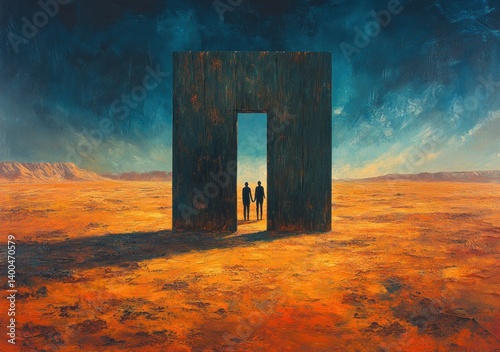 Surreal Illustration of Curiosity and Connection Between Two People Through a Door in a Desert