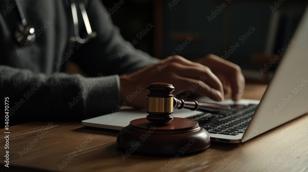Doctor using laptop with gavel on desk. Doctor using laptop with gavel on desk.