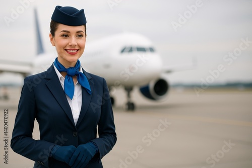 Flight Attendant Smiles Confidently at the Airport Before Departure on a Clou...