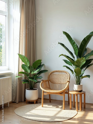 Minimalist cozy living room with indoor plants
