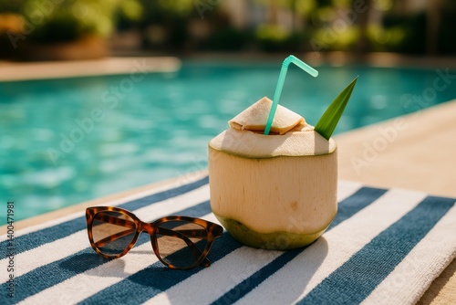 Refreshing Coconut Drink by the Poolside With Sunglasses on a Sunny Day