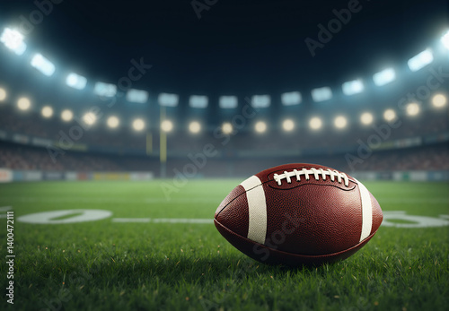 American football ball on green grass background. Horizontal banner with brown leather game ball on turf field. Sport competition concept