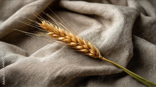 Side-lit barley stalk displays golden grains set against textured burlap, showcasing the beauty of grain crops in a warm, natural environment