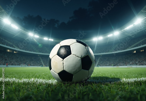Soccer ball on stadium. Football ball on green grass field before the match, sport game arena with grandstands and lights. Football championship