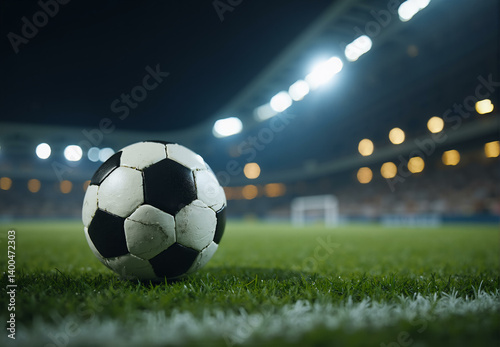 Soccer stadium with ball. Football field at night with floodlight, sport arena for championship game with goal and green grass