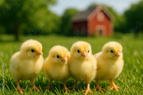 Four Fluffy Chicks Explore Green Grass Near a Red Barn on a Sunny Day