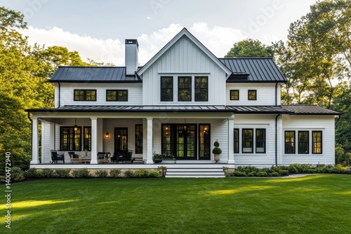 Modern farmhouse exterior, pristine white and black