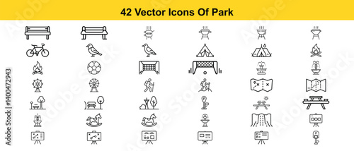 Comprehensive Collection of 42 High-Quality Vector Icons Representing Various Park Elements, Including Benches, Birds, Sports, and Recreational Activities.