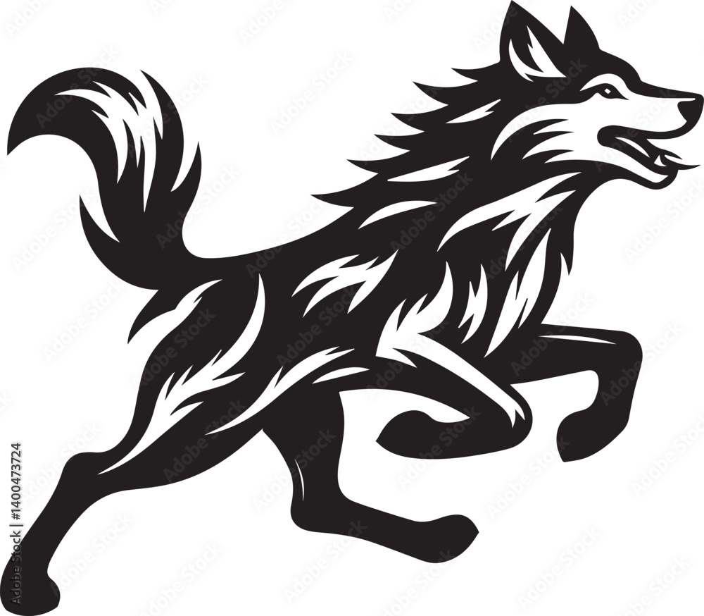 Fototapeta premium Running Wolf Silhouette Vector – Bold Black Wild Animal Illustration for Logos or Prints