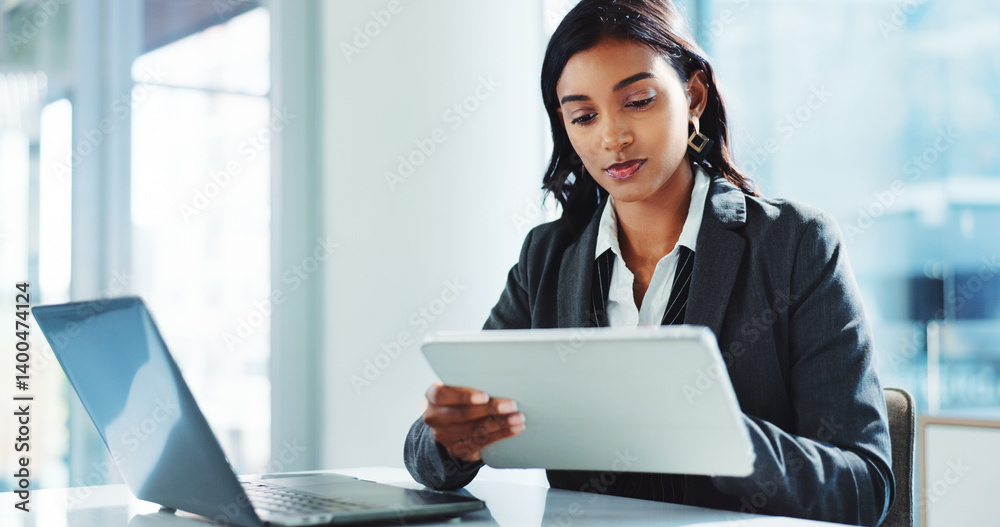 Office, tablet and business woman online for insurance, risk management or policy sales on internet. Technology, laptop and employee reading email for financial coverage, review claims and research Office, tablet and business woman online for insurance, risk management or policy sales on internet. Technology, laptop and employee reading email for financial coverage, review claims and research