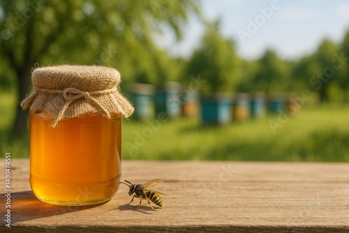 Honey Jar Sits on Wooden Table Near Bee Hives Under Bright Sky in a Sunny Field