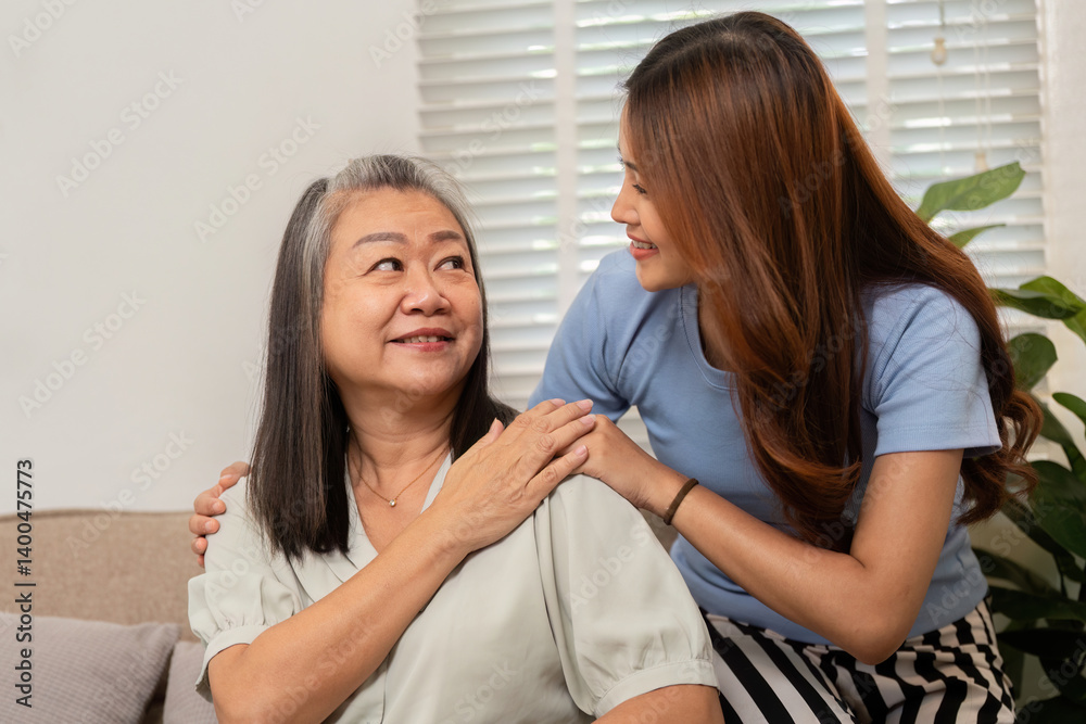 Wellness and Interaction. A daughter sharing a warm moment with her mother, showcasing their connection. Wellness and Interaction. A daughter sharing a warm moment with her mother, showcasing their connection.