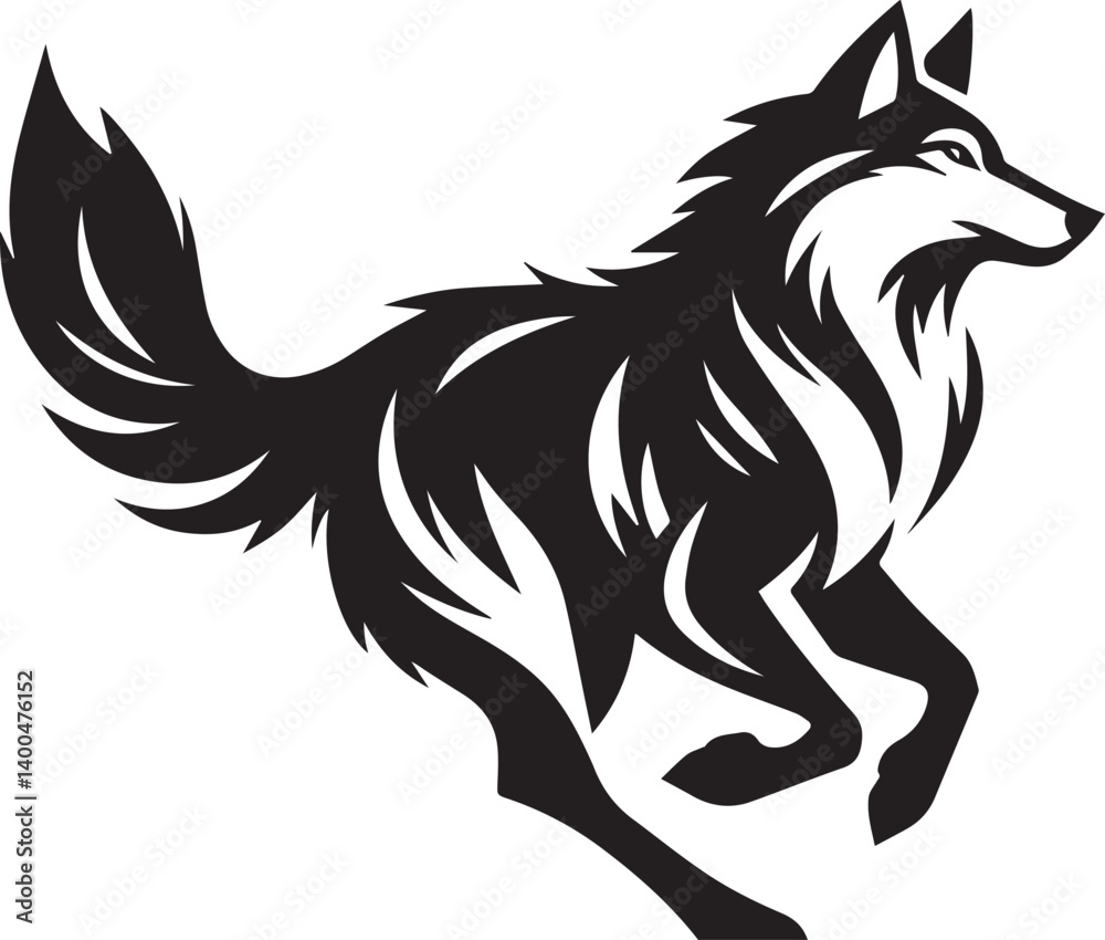 Fototapeta premium Running Wolf Silhouette Vector – Bold Black Wild Animal Illustration for Logos or Prints