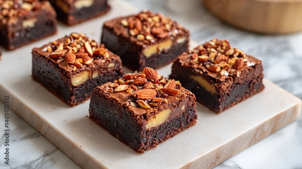 Rich chocolate brownies with almond chunks embedded inside, gooey and delicious Rich chocolate brownies with almond chunks embedded inside, gooey and delicious