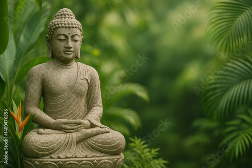 Buddha Statue Surrounded by Lush Greenery in a Serene Garden Setting