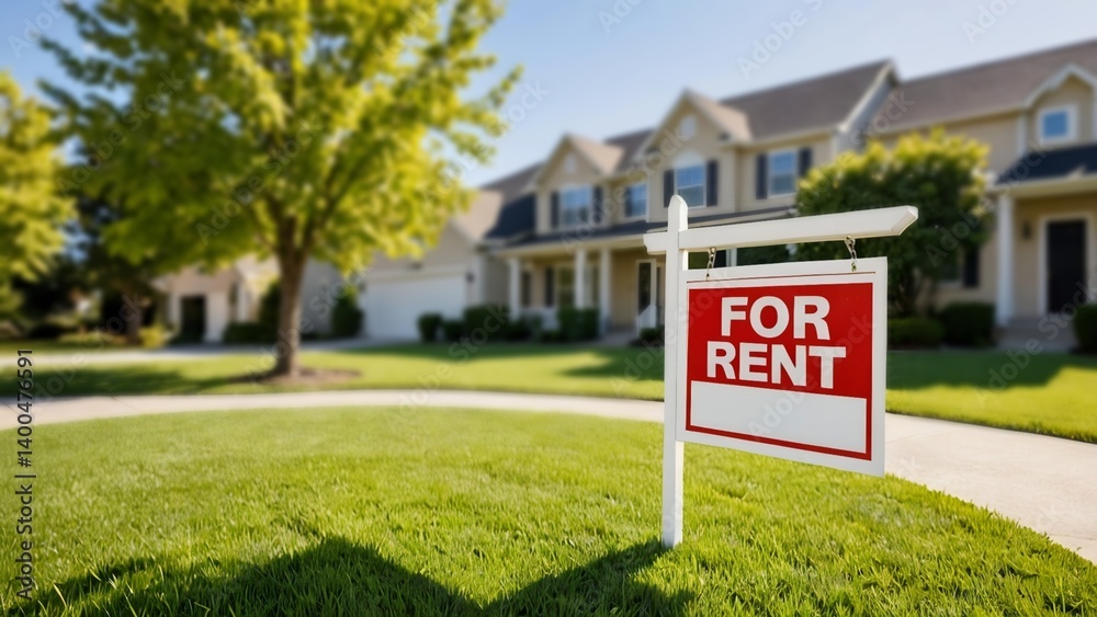 Sunny afternoon in a peaceful neighborhood with a For Rent sign perfect for real estate lifestyle and rental themed visuals Sunny afternoon in a peaceful neighborhood with a For Rent sign perfect for real estate lifestyle and rental themed visuals
