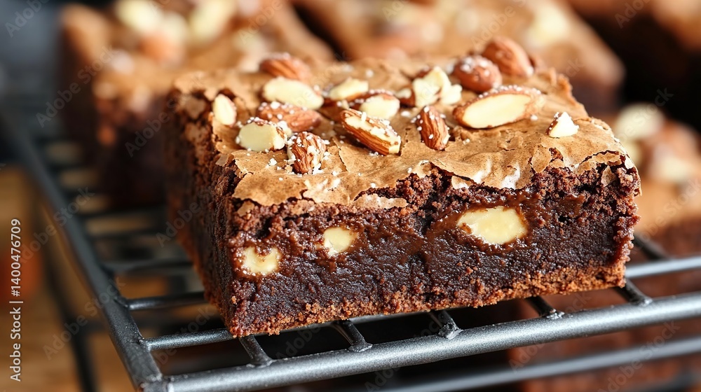 Rich chocolate brownies with almond chunks embedded inside, gooey and delicious